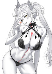 1girl absurdres blush bra breasts candy choker closed_mouth collarbone cowboy_shot criss-cross_halter das_(dan_dan) ear_piercing fate/grand_order fate_(series) food greyscale halterneck highres holding holding_candy holding_food holding_lollipop horns large_breasts leaning_to_the_side lollipop long_hair looking_at_viewer monochrome navel ordeal_call_servant_(female) panties piercing pointy_ears saliva saliva_trail simple_background smile solo spot_color stomach thighs tongue tongue_out twintails underwear yellow_eyes