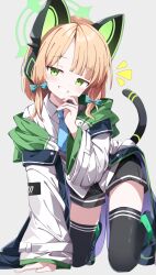 1girl all_fours animal_ears bent_over black_shorts blonde_hair blue_archive blue_bow blue_necktie blush bow cat_ears cat_tail commentary_request from_below full_body green_eyes green_halo grin hair_bow halo hand_on_own_cheek hand_on_own_face hand_up highres jacket kneeling long_hair looking_at_viewer looking_down midori_(blue_archive) necktie open_clothes open_jacket sabana shirt short_shorts shorts smile smug solo tail thighhighs white_jacket white_shirt