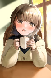 1girl :q bad_id bad_pixiv_id brown_hair cafe cardigan chair cup foam_mustache food food_on_face highres holding holding_cup licking_lips looking_at_viewer off_shoulder original short_hair sitting solo table tongue tongue_out yukimaru_nun