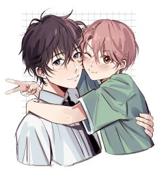 2boys absurdres age_difference blush brown_eyes brown_hair child highres mole mole_under_eye multiple_boys onii-shota pale_skin short_hair shota_oni smile uneasywolf