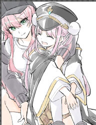 2girls aikawa_megumi arms_around_neck baseball_cap double_bun green_eyes hair_bun hat heaven_burns_red highres jacket kunimi_tama long_hair long_sleeves military_hat multiple_girls official_alternate_costume official_alternate_hairstyle opi pink_hair shirt sitting white_shirt yuri