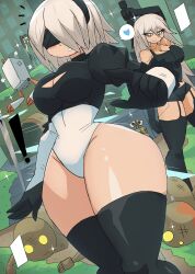 ! 1boy 2b_(nier:automata) 3girls a2_(nier:automata) absurdres anger_vein black_gloves black_hair black_leotard black_shirt black_shorts black_thighhighs blindfold blue_eyes blush bodysuit breasts building character_request cleavage cleavage_cutout clothing_cutout creature crossover curvy disney eve_(stellar_blade) gloves grass green_bodysuit grey_hair hairband heart highres large_breasts leotard long_hair long_sleeves looking_at_viewer multiple_girls nier:automata nier_(series) parted_lips pixar planet_diving_suit_(7th)_(stellar_blade) pod_(nier:automata) ponytail puff_of_air puffy_sleeves robot shirt short_hair short_shorts shorts side_ponytail skyscraper smile sparkle speech_bubble spoken_heart standing stellar_blade sword tank_top teeth thick_thighs thighhighs thighs tony_welt trait_connection wall-e wall-e_(character) weapon wide_hips