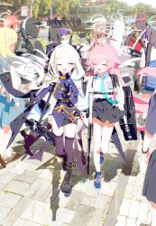 Rule 34 | 1girl, absurdres, ahoge, black gloves, black halo, blue archive, blush, bm tol, character request, demon girl, demon horns, demon wings, gloves, hair ornament, hairclip, halo, highres, hina (blue archive), horns, hoshino (blue archive), long hair, miyako (blue archive), multiple horns, necktie, pink hair, purple eyes, shirt, skirt, white hair, white shirt, wings