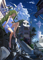 1girl barefoot beek city cloud day dress feet female_focus green_hair high_heels highres long_hair megastructure oekaki_musume open_shoes original purple_eyes sandals scenery science_fiction shoes single_shoe sky solo toenails toes unworn_shoes