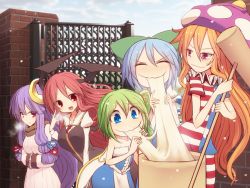 5girls adapted_costume alternate_costume american_flag_legwear american_flag_print american_flag_shirt bat_wings blue_eyes blue_hair blush breasts breath cirno closed_eyes clownpiece crescent crescent_hair_ornament daiyousei demon_girl dress eating fairy_wings fang food full-face_blush green_hair hair_ornament hair_ribbon hammer hands_in_opposite_sleeves hat head_wings jester_cap kine koakuma kuresento large_breasts long_hair long_sleeves looking_at_another mallet mochi mortar_(bowl) multiple_girls necktie no_headwear open_mouth orange_hair outdoors pantyhose patchouli_knowledge print_shirt puffy_sleeves purple_eyes purple_hair red_eyes red_hair ribbon scarf short_hair short_sleeves side_ponytail smile star_(symbol) strapless strapless_dress striped sweatdrop touhou v-shaped_eyebrows wagashi wings