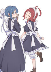 2girls ^_^ absurdres antenna_hair apron back_bow bloomers blue_eyes blue_hair bow breasts brown_shoes bun_cover cellphone closed_eyes commentary facing_viewer frills from_behind hair_bun highres holding holding_phone kimi_no_koto_ga_dai_dai_dai_dai_daisuki_na_100-nin_no_kanojo large_breasts light_blush long_sleeves looking_at_viewer maid maid_headdress multiple_girls nanami_yotsuya phone puffy_short_sleeves puffy_sleeves red_hair ribbon shoes short_hair short_sleeves simple_background single_hair_bun smartphone standing standing_on_one_leg symbol-shaped_pupils underwear waist_apron white_background white_bloomers white_bow white_ribbon wrist_cuffs yakuzen_kusuri yoshimoto_shizuka