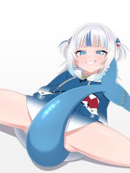 1girl absurdres animal_costume animal_hood blue_eyes blue_hoodie blush commentary fins fish_tail from_above gawr_gura gawr_gura_(1st_costume) grey_hair grin hair_ornament hashtag-only_commentary highres hololive hololive_english hood hoodie looking_at_viewer lying medium_hair mingkozus multicolored_hair on_back shark_costume shark_girl shark_hair_ornament shark_hood shark_print shark_tail sharp_teeth sidelocks simple_background smile smirk smug solo spread_legs streaked_hair symbol-only_commentary tail tail_censor teeth two_side_up virtual_youtuber white_background