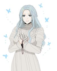 1girl blue_butterfly blue_eyes blue_hair bug butterfly closed_mouth commentary_request doll_joints dress holding holding_jewelry holding_necklace insect jewelry joints juliet_sleeves korean_commentary lies_of_p long_hair long_sleeves looking_at_viewer necklace official_alternate_hairstyle own_hands_together puffy_sleeves simple_background smile solo sophia_monad very_long_hair white_background xxq_002