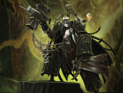 1girl :3 armor bandages bolter book breasts chain chaos_(warhammer) claws comic_lo cyborg female_focus glasses grey_hair hat horns intestines kimbbq long_hair mechanical_arms nipples nurgle nurse_cap product_placement robot single_horn single_mechanical_arm skull solo syringe warhammer_40k weapon worm