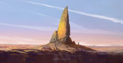 Rule 34 | 1other, blue sky, cambocreation, cliff, cloak, desert, gradient sky, landscape, mountain, orange sky, original, painterly, rock, scenery, sky, sunlight, watermark