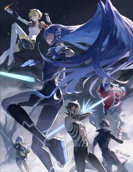 Rule 34 | 2girls, 3boys, aigis (persona), amamiya ren, android, black coat, black hair, blonde hair, blue hair, breasts, coat, crossover, demi-fiend, devil summoner (series), floating hair, full-body tattoo, full body, gloves, gun, hairband, highres, holding, holding weapon, kuma (persona 4), long hair, mask, medium breasts, multiple boys, multiple girls, nahobino, persona, persona 3, persona 4, persona 5, protagonist (smtv), red gloves, ringo (soul hackers 2), shin megami tensei, shin megami tensei iii: nocturne, shin megami tensei v, short hair, short hair with long locks, simple background, soul hackers 2, tattoo, twitter username, very long hair, weapon, yellow eyes, za210n
