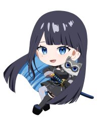 Rule 34 | 1girl, :d, black dress, black gloves, black hair, black shoes, black thighhighs, blue eyes, blue hair, bond en, bondlive, chibi, colored inner hair, dress, erebus grey, full body, gloves, grey pantyhose, long hair, mole, mole under eye, multicolored hair, open mouth, pantyhose, raccoon, shoes, single leg pantyhose, single thighhigh, smile, solo, ta ma go0, thighhighs, tongue, two-tone hair, virtual youtuber
