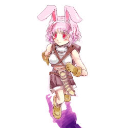 1girl animal_ears armor boots breastplate brown_bag brown_boots brown_gloves brown_shirt brown_shorts closed_mouth commentary_request fake_animal_ears full_body gloves looking_afar novice_(ragnarok_online) pelvic_curtain pink_eyes pink_hair rabbit_ears ragnarok_online shirt short_hair shorts simple_background sleeveless sleeveless_shirt smile solo walking wavy_hair white_background yukimushi