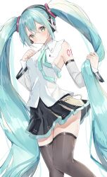1girl absurdly_long_hair absurdres aqua_eyes aqua_hair aqua_ribbon armpit_peek black_skirt black_thighhighs blush breasts clenched_hand closed_mouth collared_shirt commentary_request crossed_bangs detached_sleeves double-parted_bangs feet_out_of_frame fluffy_hair hand_on_own_chest hatsune_miku hatsune_miku_(nt) headphones highres holding holding_own_hair knees_together_feet_apart layered_sleeves long_bangs long_hair looking_at_viewer medium_breasts miniskirt neck_ribbon number_tattoo pleated_skirt ribbon shirt sidelocks simple_background skirt sleeveless sleeveless_shirt solo standing tattoo thighhighs twintails very_long_hair vocaloid white_background white_shirt white_sleeves yuuna_(vhux2273) zettai_ryouiki