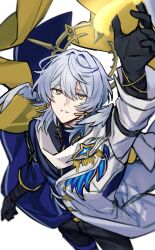 1boy arm_up black_gloves black_pants black_shirt blue_coat cape coat commentary_request earrings feathered_wings feathers from_above gloves gold_earrings grey_hair hair_between_eyes hair_intakes halo halo_behind_head head_wings highres honkai:_star_rail honkai_(series) jewelry kn_(akairo0530) long_sleeves looking_up male_focus medium_hair multicolored_coat pants parted_lips shirt simple_background solo standing sunday_(honkai:_star_rail) thigh_strap turtleneck white_background white_coat white_wings wings yellow_cape yellow_eyes
