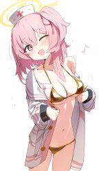 1girl absurdres bikini blue_archive breasts cleavage coat dot_nose gold_bikini golden_week halo hat highres navel nurse_cap open_clothes open_coat open_mouth pink_eyes pink_hair serina_(blue_archive) side_ponytail simple_background solo swimsuit white_background white_hat yamada_auto yellow_halo