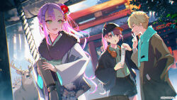 1boy 2girls aqua_scarf asymmetrical_bangs baseball_cap black_jacket black_shorts blonde_hair blue_hair blush brown_coat coat commentary_request copyright_notice crazy_raccoon deer dress ear_piercing earclip earrings ex_albio flower gradient_hair green_eyes grey_sweater grin hair_flower hair_ornament hairpin hand_in_pocket hat headphones headphones_around_neck holding_omikuji hololive horned_hat horns jacket japanese_clothes jewelry kimono looking_at_another multicolored_hair multiple_girls nijisanji official_art omikuji open_clothes open_jacket piercing pink_hair purple_dress purple_eyes sai_(saiqun_31) scarf selly55 shorts smile streaked_hair sweater tokoyami_towa torii two-tone_hair virtual_youtuber
