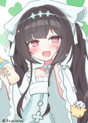 &gt;_&lt; 1girl :d azur_lane baby_animal baby_bottle bird black_hair blunt_bangs blush bottle brown_hair chang_feng_(azur_lane) chick choker commission dress frills hair_ornament hand_on_own_cheek hand_on_own_face headscarf heart heart_background highres holding holding_bottle long_hair long_sleeves looking_at_viewer manjuu_(azur_lane) milk_bottle oboroillust official_alternate_costume open_mouth pixiv_commission red_eyes sidelocks smile solo twintails twitter_username upper_body very_long_hair white_dress wide_sleeves