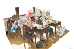 4girls absurdres azusa_(blue_archive) beret black_headwear black_pantyhose black_sailor_collar black_shirt black_skirt black_wings blue_archive book bottle bow closed_mouth commentary_request crossed_bangs dated dor_m facing_away facing_viewer flower frilled_skirt frills grey_hair gun hair_bow hair_flower hair_ornament halo hanako_(blue_archive) hat head_wings hifumi_(blue_archive) highres indoors kneehighs koharu_(blue_archive) leaning_forward long_hair long_sleeves looking_at_another low_twintails machine_gun multiple_girls neckerchief on_chair open_book open_mouth pantyhose pink_hair pink_halo pleated_skirt purple_flower red_halo red_skirt sailor_collar school_uniform serafuku shirt shoes short_sleeves sidelocks simple_background sitting skirt smile sneakers socks studying table teaching twintails water_bottle weapon white_background white_bag white_bow white_footwear white_hair white_serafuku white_shirt white_skirt white_socks wings yellow_halo yellow_neckerchief