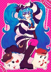 absurdres amemiya_darumi arms_up beret black_bow black_hair black_stripes blue_hair bow bowtie brain calf_boots chain crouching full_body hands_up hat heart highres long_hair long_sleeves looking_at_viewer makeup multicolored_hair necktie nigou_(hundred_line) pink_background pink_eyes pink_thighhighs runny_makeup shirt simple_background sirei_(hundred_line) skull-shaped_pupils striped_clothes striped_shirt symbol-shaped_pupils the_hundred_line_-last_defense_academy- thighhighs tongue tongue_out twintails white_stripes