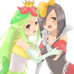 10s 2girls bad_id bad_pixiv_id bisharp black_hair bow breasts cleavage crown dress elbow_gloves embarrassed flower gen_5_pokemon gloves green_hair hair_bow hair_over_one_eye lilligant multiple_girls nintendo open_mouth personification pokemon pokemon_bw red_eyes ribbon toyosaka yellow_eyes