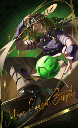1boy absurdres adjusting_clothes adjusting_headwear beard boots bridal_gauntlets brown_boots brown_cape brown_hair cape character_name cowboy_hat facial_hair goggles goggles_on_headwear gold_teeth golden_spiral green_ball green_eyes green_nails grey_pants gyro_zeppeli hat highres jojo_no_kimyou_na_bouken male_focus pants purple_bridal_gauntlets purple_shirt shirt short_sleeves solo spurs steel_ball_(jojo) steel_ball_run yeyiye_(2954504619)