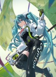 1girl absurdres aqua_hair asymmetrical_bodysuit black_bodysuit blurry blurry_background blurry_foreground blush bodysuit bodysuit_under_clothes breasts commentary_request covered_navel cropped_jacket depth_of_field dutch_angle flag fr-ee-dom gloves hair_between_eyes hatsune_miku high_collar highres holding holding_flag long_hair long_sleeves looking_at_viewer racing_miku racing_miku_(2022) see-through_clothes single_leg_bodysuit single_thighhigh skin_tight solo standing standing_on_one_leg thighhighs twintails two-tone_gloves underboob vocaloid