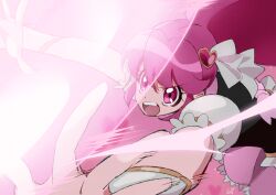 Rule 34 | 1girl, absurdres, aino megumi, attack, back bow, black vest, bow, cowboy shot, cure lovely, determined, dot nose, eyelashes, floating hair, frilled skirt, frilled sleeves, frilled vest, frills, hair between eyes, hair ornament, hair ribbon, happinesscharge precure!, heart, heart background, heart hair ornament, highres, laser, leaning forward, light particles, long hair, looking ahead, magic, miniskirt, motion blur, motion lines, open mouth, pink background, pink bow, pink eyes, pink hair, pink skirt, ponytail, precure, puffy short sleeves, puffy sleeves, ribbon, shipu (gassyumaron), shirt, short sleeves, signature, skirt, solo, tareme, teeth, upper teeth only, v-shaped eyebrows, vest, white arm warmers, white ribbon, white shirt