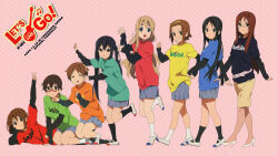 ! 2009 6+girls akiyama_mio belt black_hair black_socks blonde_hair blue_eyes blush brown_eyes brown_hair bushy_eyebrows closed_eyes closed_mouth copyright_name dated dot_nose english_text female_focus forehead glasses guitar hair_between_eyes hair_ornament hairclip headband high_heels hirasawa_ui hirasawa_yui instrument k-on! kotobuki_tsumugi long_hair long_sleeves looking_at_viewer lying manabe_nodoka multiple_girls musical_note nakano_azusa official_art shoes siblings sisters skirt socks standing standing_on_one_leg tainaka_ritsu teeth thick_eyebrows twintails uwabaki v white_socks yamanaka_sawako yellow_headband