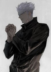 1boy arms_up black_jacket blue_eyes closed_mouth collared_jacket colored_eyelashes cowboy_shot fingernails gojou_satoru grey_background highres isa_(isanayoruho) jacket jujutsu_kaisen jujutsu_tech_uniform looking_to_the_side male_focus one_eye_covered own_hands_together popped_collar profile short_hair sideways_glance simple_background solo standing veins veiny_hands white_hair zipper