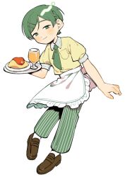 1girl apron blush braid breast_pocket brown_shoes contrast_collar cup employee_uniform food frilled_apron frills full_body futsuu_no_keion-bu green_eyes green_hair green_necktie green_pants hair_ornament hairpin highres holding holding_tray ketchup kouyama_rin light_smile loafers looking_at_viewer necktie official_alternate_costume omelet omurice pants parted_bangs pixie_cut plate pocket puffy_short_sleeves puffy_sleeves rra_(yj) shirt shoes short_hair short_sleeves simple_background skirt socks solo striped_clothes striped_collar striped_pants striped_skirt striped_sleeve_cuffs tray vertical-striped_clothes vertical-striped_pants vertical-striped_skirt waist_apron waitress white_background white_socks yellow_shirt