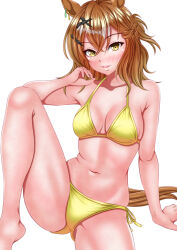 1girl absurdres ahoge alternate_costume animal_ears arm_support bikini blush braid breasts brown_hair cleavage commentary_request hagesan3345 hair_between_eyes half_up_braid highres horse_ears horse_girl horse_tail jungle_pocket_(umamusume) leg_up looking_at_viewer medium_breasts medium_hair multicolored_hair navel parted_lips simple_background smile solo spread_legs stomach streaked_hair swimsuit tail umamusume white_background white_hair yellow_bikini yellow_eyes