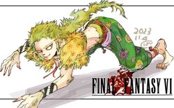 1boy 2023 all_fours armband bad_id bad_twitter_id baggy_pants barefoot belt body_hair bykillt clawed_feet clawed_hands fang final_fantasy final_fantasy_vi floral_print gau green_hair leg_wrap long_hair male_focus messy_hair on_floor pants pointy_ears serious shadow shawl wild_hair yellow_eyes