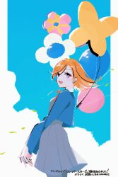 Rule 34 | 1girl, :d, absurdres, balloon, black pantyhose, blue jacket, cloud, collared shirt, commentary request, cowboy shot, dress, flower balloon, grey dress, highres, jacket, long hair, long sleeves, looking at viewer, love live!, love live! superstar!!, manodemarina, neck ribbon, open clothes, open jacket, open mouth, orange hair, pantyhose, purple eyes, red ribbon, ribbon, school uniform, shibuya kanon, shirt, short dress, smile, solo, translation request, white shirt, winter uniform, yuigaoka school uniform