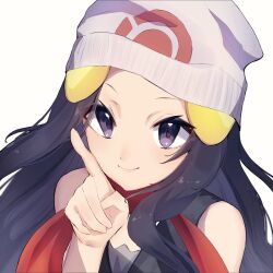 1girl beanie black_hair blue_eyes blue_hair breasts closed_mouth dawn_(pokemon) hair_ornament hairclip hat highres long_hair looking_at_viewer nintendo poke_ball_print poke_ball_symbol pokemon pokemon_dppt red_scarf scarf shirt simple_background siyu_mizu sleeveless smile solo upper_body white_background white_hat