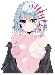 1girl absurdres bikini black_shirt blue_eyes breasts colored_inner_hair commentary_request covered_erect_nipples grey_hair highres himiya_jouzu large_breasts looking_at_viewer monster_strike multicolored_hair purple_hair see-through_bikini see-through_clothes shirt short_hair simple_background solo swimsuit upper_body white_background white_bikini
