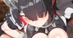 1boy 1girl black_hair blush breasts closed_mouth colored_inner_hair commentary_request ellen_joe eyes_visible_through_hair hair_between_eyes implied_paizuri large_breasts looking_at_viewer maid mole mole_on_arm mole_under_eye multicolored_hair puffy_short_sleeves puffy_sleeves red_eyes red_hair short_hair short_sleeves solo takashia_(akimototakashia) two-tone_hair zenless_zone_zero