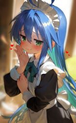 1girl :3 ahoge alternate_costume apron blue_hair blurry blush bow commentary_request depth_of_field enmaided green_eyes heart highres izumi_konata long_hair long_sleeves looking_at_viewer lucky_star maid maid_apron maid_headdress mole mole_under_eye sharp_maker sweatdrop very_long_hair