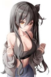 1girl 3: absurdres bad_id bad_twitter_id bare_shoulders black_hair black_shirt breasts cleavage closed_mouth collarbone crop_top grey_jacket grey_skirt halterneck highres jacket large_breasts long_hair long_sleeves looking_at_viewer midriff nagul off_shoulder one_side_up open_clothes open_jacket original shirt simple_background skirt sleeveless sleeveless_shirt solo stomach sweat upper_body white_background yellow_eyes