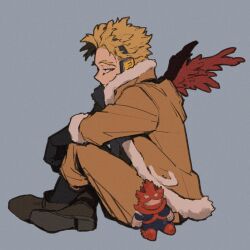 Rule 34 | 1boy, 1nichi 4kai, black gloves, blonde hair, boku no hero academia, brown jacket, brown pants, brown shoes, character doll, closed mouth, commentary request, doll, endeavor (boku no hero academia), facial mark, feathered wings, forked eyebrows, full body, fur-trimmed jacket, fur-trimmed sleeves, fur trim, gloves, hawks (boku no hero academia), headphones, highres, jacket, looking ahead, male focus, pants, red wings, shoes, short hair, sitting, solo, stuffed toy, superhero costume, white fur, wings