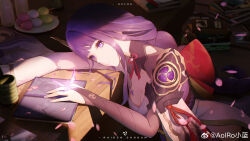 1girl absurdres armor artist_name asymmetrical_sleeves back_bow blue_pupils blunt_bangs blurry blurry_background book bow braid breasts bridal_gauntlets bug butterfly butterfly_on_hand cherry_blossoms chinese_commentary cleavage closed_mouth clothing_cutout crystalfly_(genshin_impact) dango falling_petals food genshin_impact hair_ornament highres indoors insect japanese_clothes large_breasts leaning_on_object leaning_to_the_side light_smile long_braid long_hair looking_at_animal looking_down looking_to_the_side lying mitsudomoe_(shape) mole mole_under_eye neck_ribbon on_side petals purple_eyes purple_hair raiden_shogun red_ribbon red_sash ribbon sash shade shoulder_armor shoulder_cutout single_braid solo tomoe_(symbol) uneven_sleeves wagashi watermark weibo_5270168160 weibo_watermark wide_sleeves