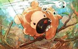 Rule 34 | animal focus, beaver, bidoof, branch, bubble, buck teeth, gen 4 pokemon, hashtag-only commentary, holding, holding stick, nintendo, no humans, pokemon, pokemon (creature), stick, tan hanem, teeth, underwater