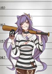 1girl baseball_bat black_choker breasts brown_pantyhose choker cleavage collarbone commentary_request cone_hair_bun cowboy_shot dress explosive genshin_impact grenade grenade_pin grey_background grin hair_bun hands_up head_tilt highres holding holding_baseball_bat holding_grenade holding_weapon jiemoyu_zz keqing_(genshin_impact) long_hair long_sleeves looking_at_viewer medium_breasts mouth_hold mugshot pantyhose purple_eyes purple_hair short_dress smile solo spiked_choker spikes standing striped_clothes striped_dress teeth_hold torn_clothes torn_pantyhose very_long_hair weapon