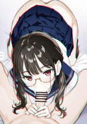 1boy 1girl bar_censor brown_eyes brown_hair censored collared_shirt cum cum_in_mouth cum_on_body cum_on_eyewear cum_on_hair facial fellatio glasses highres long_hair looking_at_viewer low_twintails moonsorrow oral original pleated_skirt sailor_collar school_uniform serafuku shirt skirt twintails white_shirt