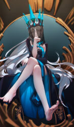 1girl absurdres bare_legs barefoot biting_own_lip black_dress black_veil blue_dress breasts commentary crossed_legs crown disgust dress fate/grand_order fate_(series) feet full_body grey_eyes grey_hair hand_up highres ksb_(qwop03) legs long_hair long_sleeves looking_at_viewer medium_breasts morgan_le_fay_(fate) morgan_le_fay_(queen_of_winter)_(fate) parted_lips sidelocks sitting soles solo sweat teeth throne toes two-tone_dress veil very_long_hair