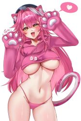 1girl absurdres animal_ears animal_hands areola_slip ayrinsama beret black_hat blush breasts cat_paw commentary cropped_hoodie english_commentary fang gloves hair_intakes hat heart highres hololive hololive_english hood hoodie large_breasts long_hair long_sleeves looking_at_viewer multicolored_hair navel no_pants open_mouth panther_ears panther_girl panther_tail panties paw_gloves paw_pose pink_hair pink_hoodie pink_panties pom_pom_(clothes) raora_panthera signature simple_background skin_fang smile solo spoken_heart stomach streaked_hair tail thighs tongue underboob underwear virtual_youtuber white_background yellow_eyes