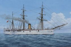 acrylic_paint_(medium) atelier_bono evening flag frigate highres imperial_japanese_navy japanese_flag mast military_vehicle morning no_humans ocean original painting_(medium) ship sky smoke smokestack traditional_media vehicle_focus warship watercraft yamato_(frigate)