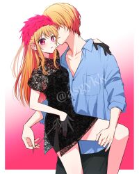 1boy 1girl absurdres alternate_costume asgykk black_dress blonde_hair blush brother_and_sister closed_mouth dress hair_between_eyes highres hoshino_aquamarine hoshino_ruby incest long_hair long_sleeves oshi_no_ko pants pink_eyes shirt short_hair siblings star_(symbol) symbol-shaped_pupils twins
