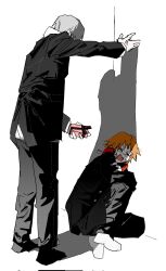 Rule 34 | 2boys, against wall, black jacket, black pants, black shoes, corner, gift, goguma wagamja, grey hair, hanamura yousuke, headphones, headphones around neck, highres, holding, holding gift, jacket, male focus, multiple boys, narukami yu, open mouth, orange hair, pants, persona, persona 4, scared, school uniform, shadow, shoes, short hair, sitting, sketch, very short hair, white shoes, yasogami school uniform