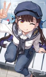 1girl ;) absurdres bench black_hat black_sailor_collar blue_bow blue_pants bow brown_eyes brown_hair newsboy_cap casual closed_mouth collared_shirt denim fingernails from_above hair_bow hat heart highres honkai_(series) honkai_impact_3rd li_sushang licking_lips long_hair long_sleeves looking_at_viewer looking_up noctelle on_bench one_eye_closed pants park_bench sailor_collar shirt sitting smile solo tongue tongue_out v very_long_hair viewfinder wariza white_shirt